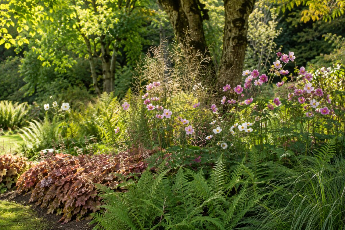 Bordura con anemoni giapponesi, felci, heuchera e graminacee
