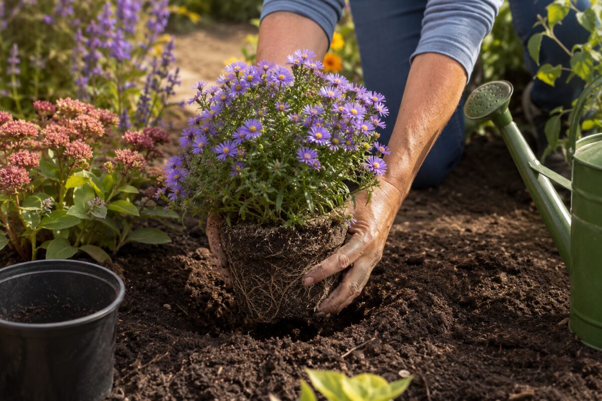 Pianta di Aster viola collocata in una buca preparata