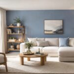 Soggiorno luminoso con parete blu freddo, legno chiaro e divano avorio