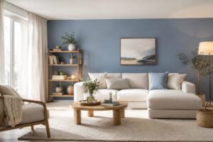 Soggiorno luminoso con parete blu freddo, legno chiaro e divano avorio