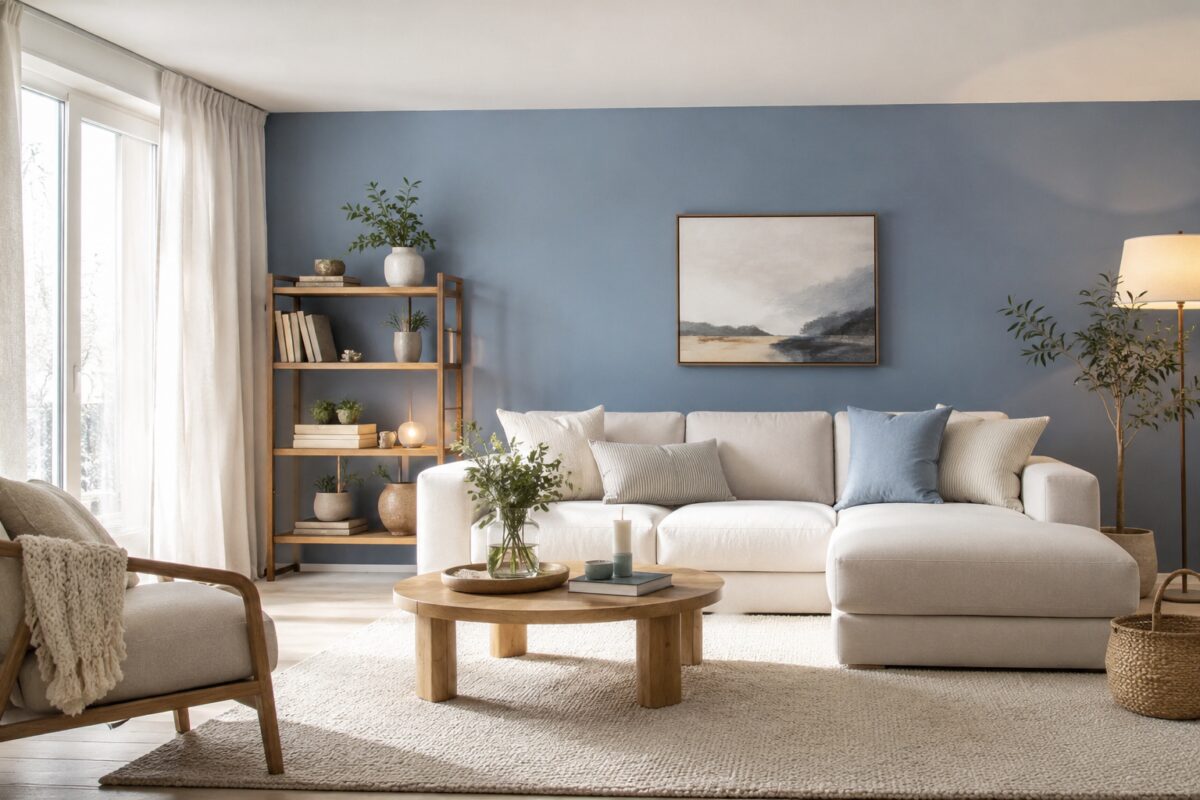 Soggiorno luminoso con parete blu freddo, legno chiaro e divano avorio