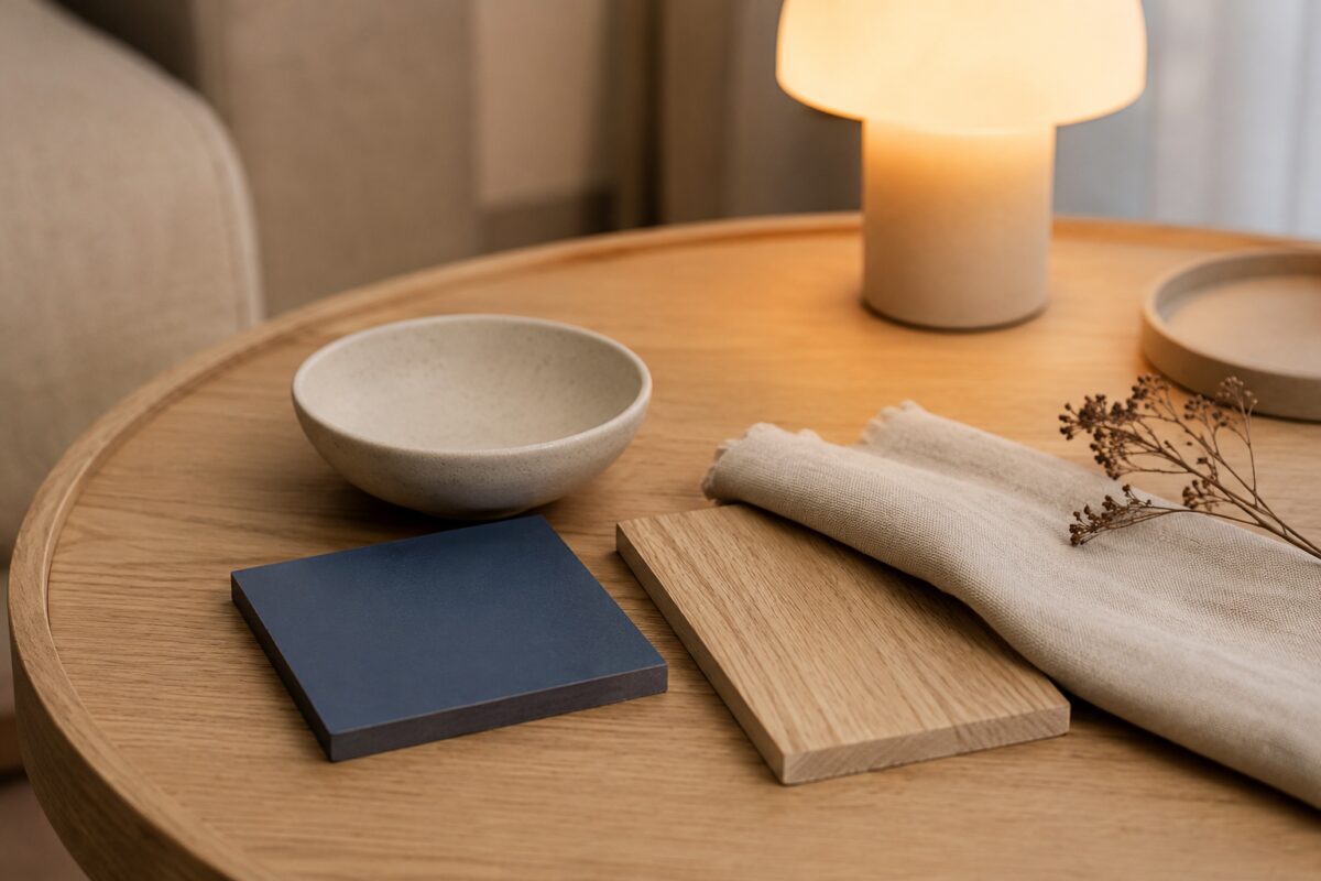 Campioni di blu freddo con legno chiaro, lino avorio e ceramica opaca