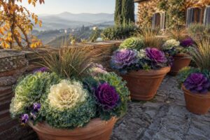 Cavoli ornamentali colorati in vasi di terracotta su un terrazzo