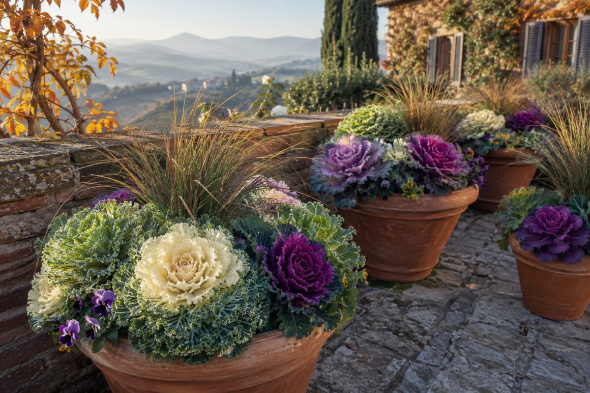 Cavoli ornamentali colorati in vasi di terracotta su un terrazzo