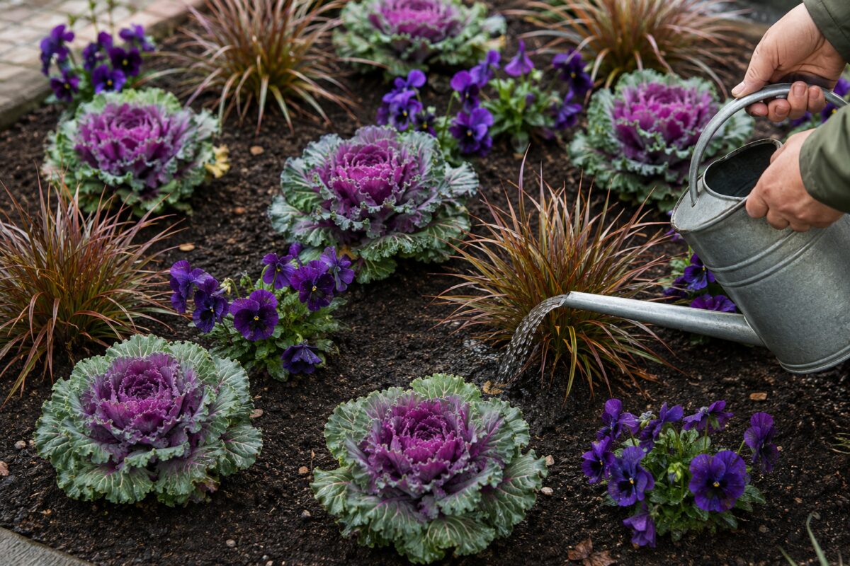 Aiuola autunnale con kale ornamentale viole e graminacee