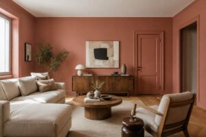 Soggiorno con pareti terracotta e soffitto bianco caldo secondo il cloud capping