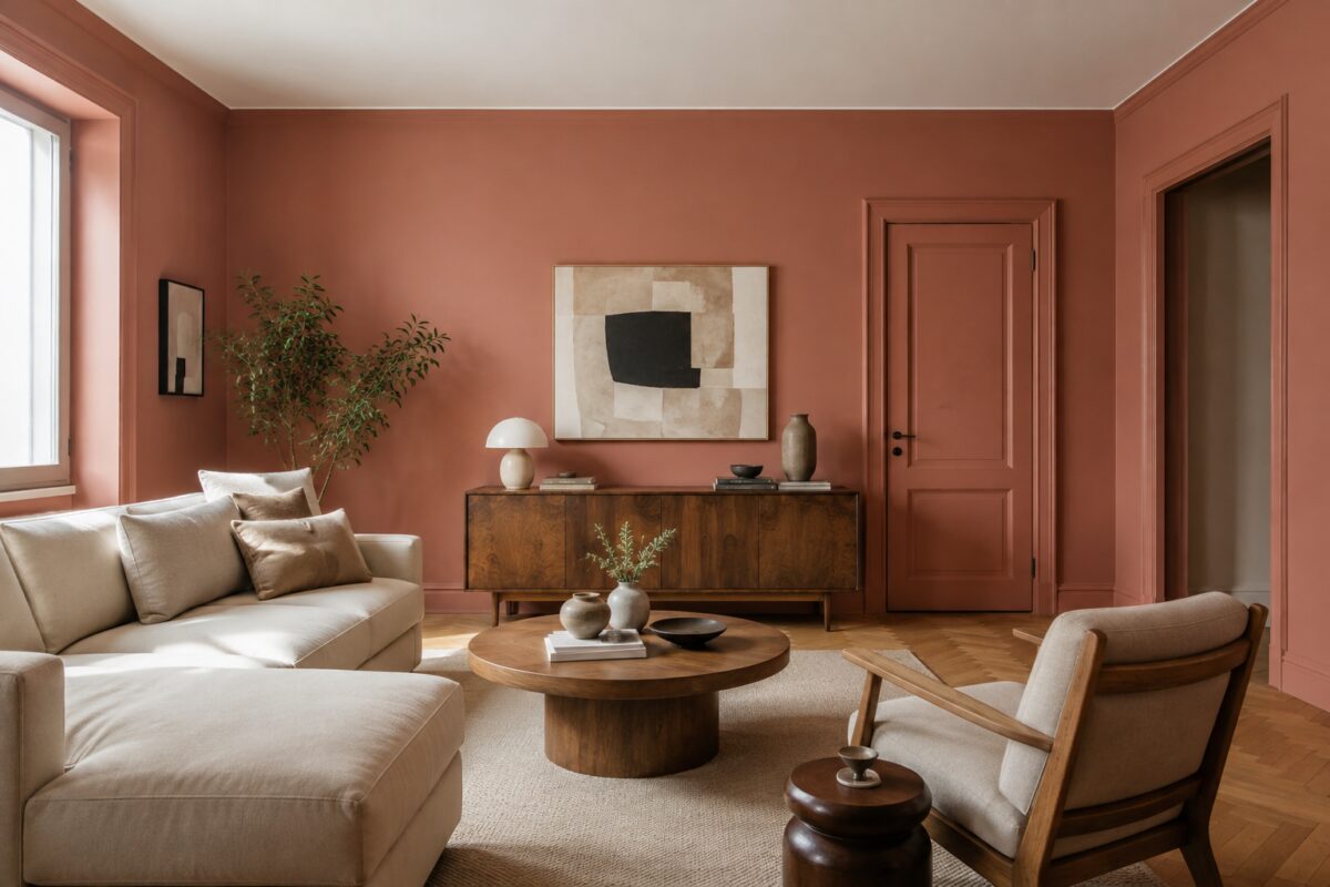 Soggiorno con pareti terracotta e soffitto bianco caldo secondo il cloud capping