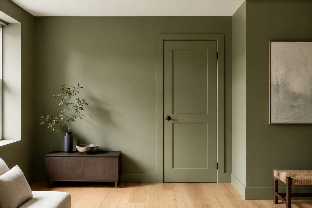 Porta e battiscopa verde oliva con soffitto avorio coordinato