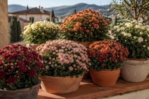 Crisantemi compatti in vaso con fiori borgogna, bronzo e crema
