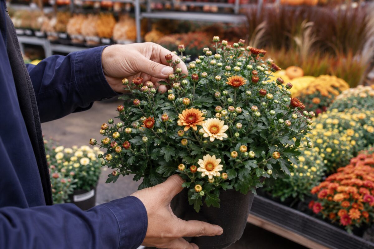 Scelta di un crisantemo con molti boccioli chiusi al vivaio