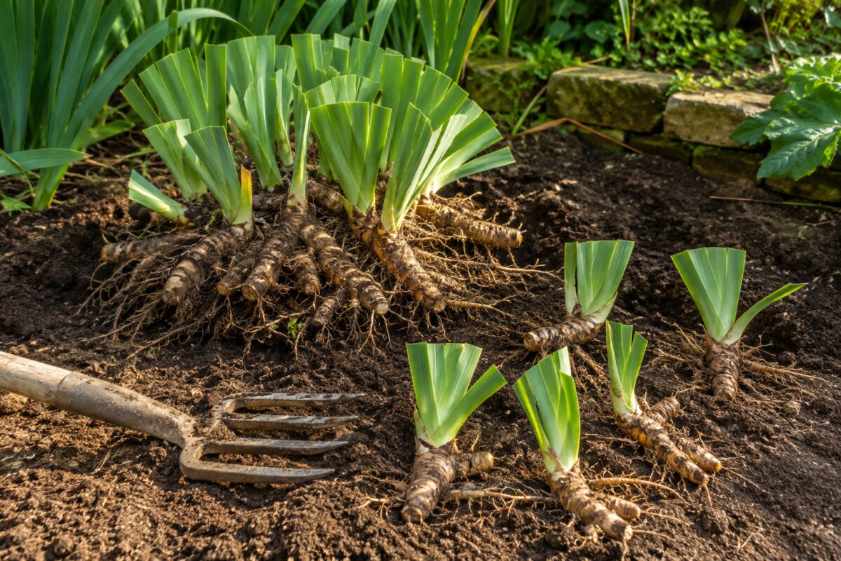 Rizomi di iris barbati divisi e pronti per essere ripiantati