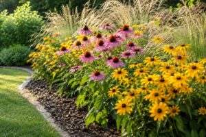 Aiuola estiva con echinacea rosa e rudbeckia gialla resistenti al caldo