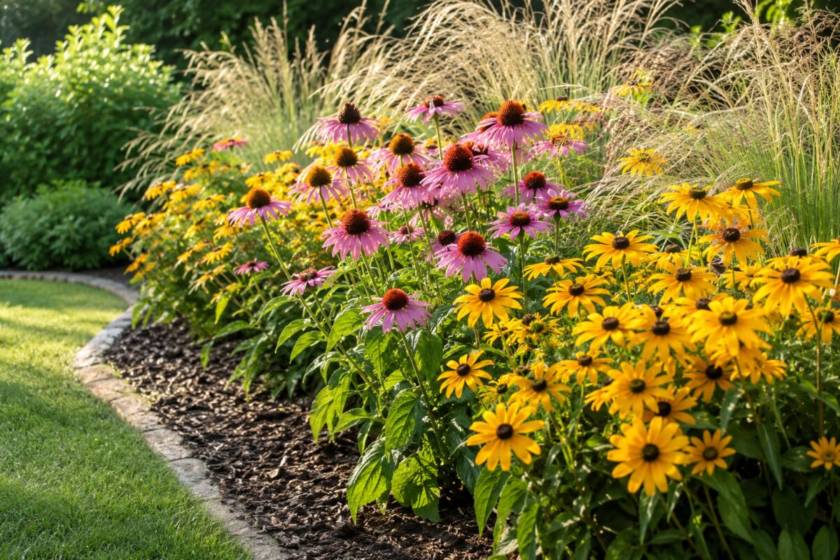 Aiuola estiva con echinacea rosa e rudbeckia gialla resistenti al caldo
