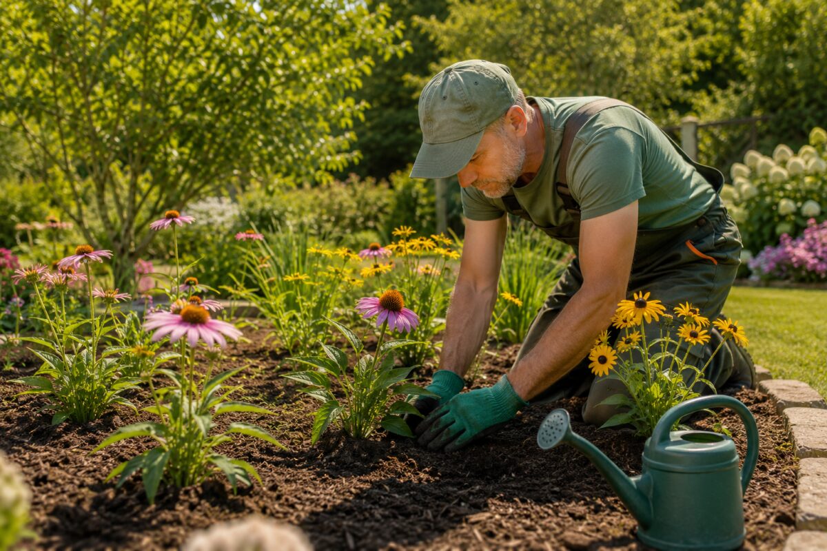 Messa a dimora di echinacea e rudbeckia con pacciamatura e acqua al piede