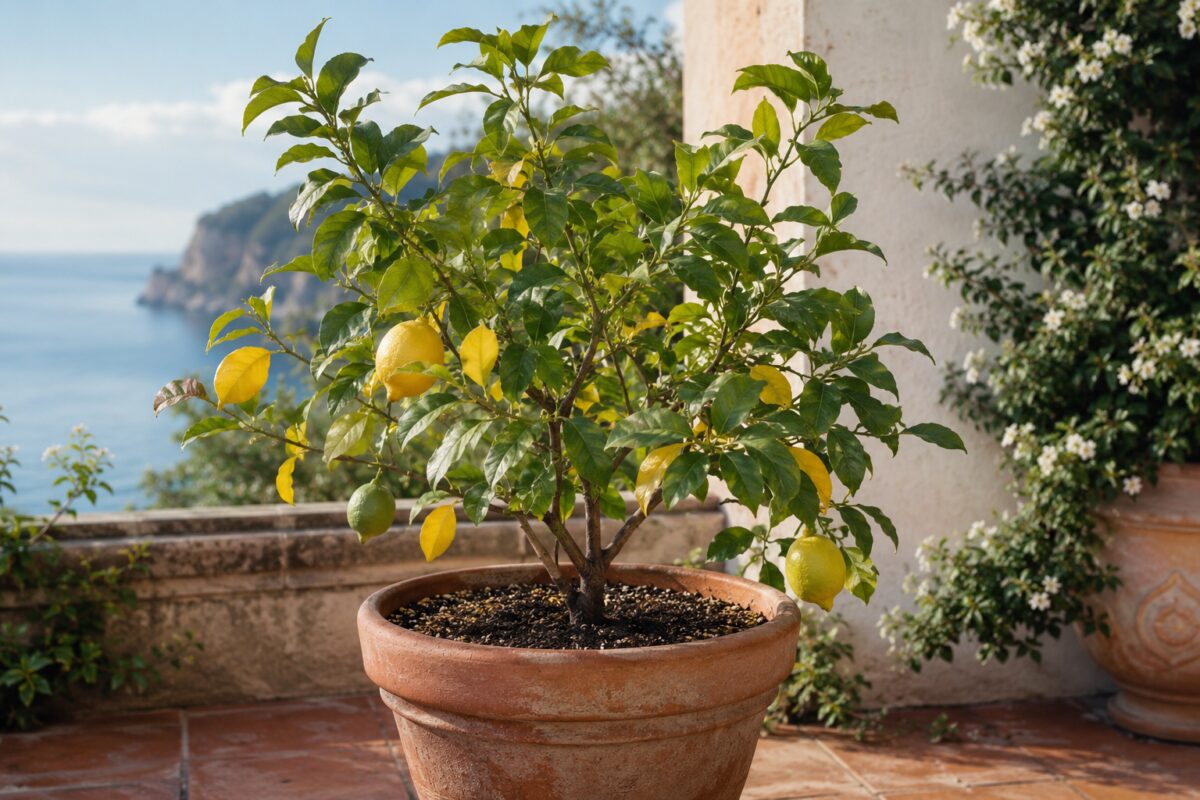 Limone in vaso con alcune foglie gialle dopo il caldo estivo