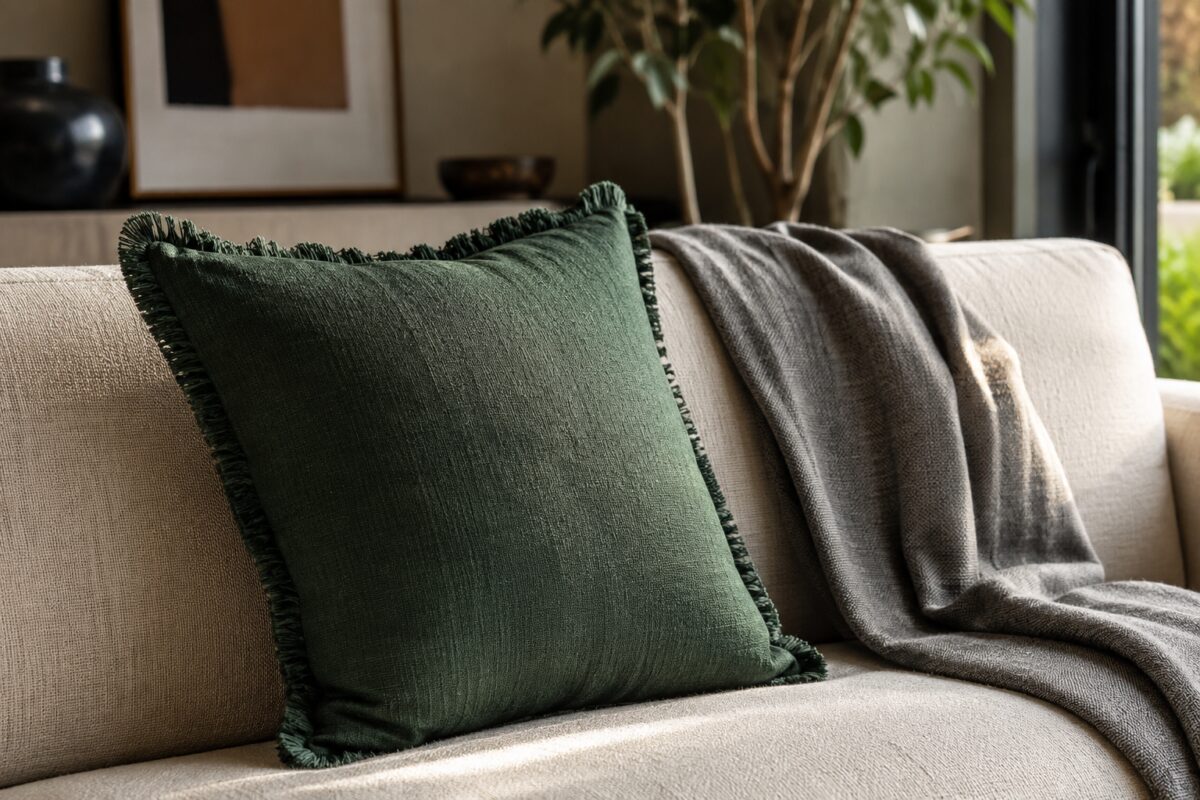 Cuscino verde bosco con bordo a frangia corta su divano crema