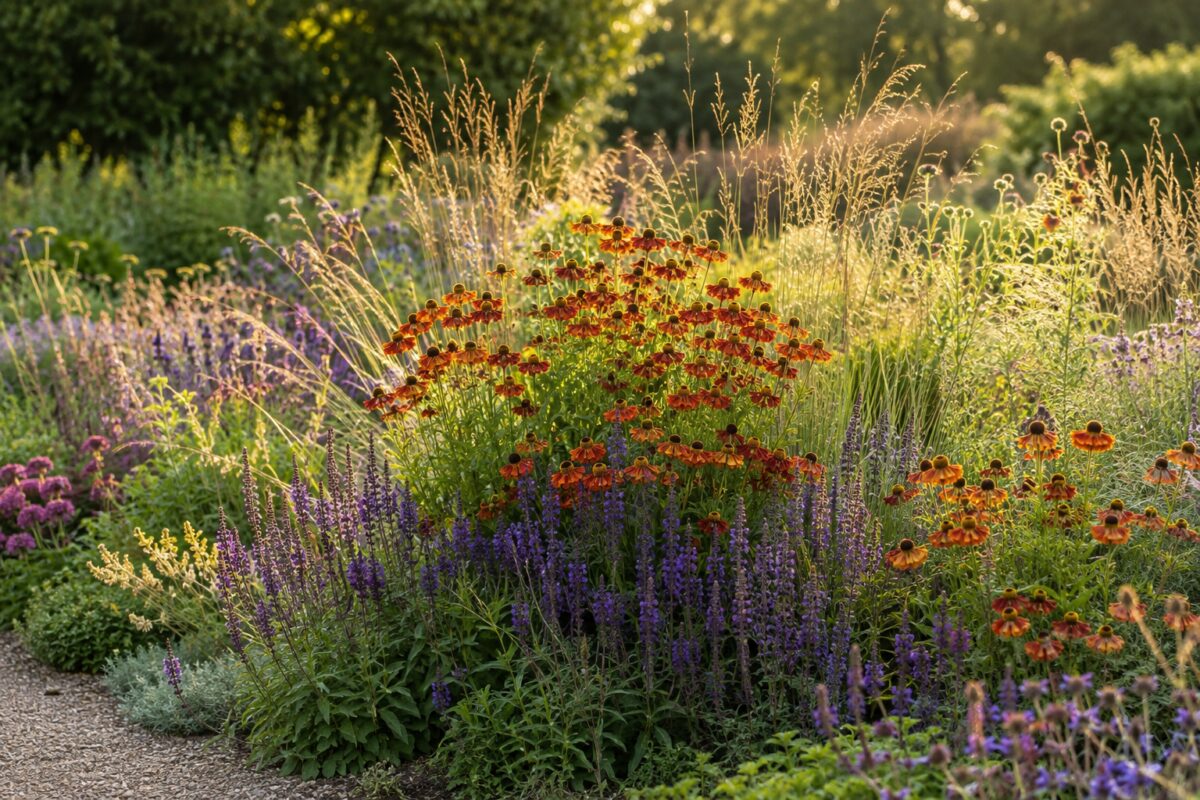 Helenium rame abbinato a salvia viola e graminacee in una bordura di fine estate