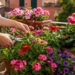 Fiori estivi in vaso ripuliti dai capolini secchi su un balcone luminoso