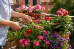 Fiori estivi in vaso ripuliti dai capolini secchi su un balcone luminoso