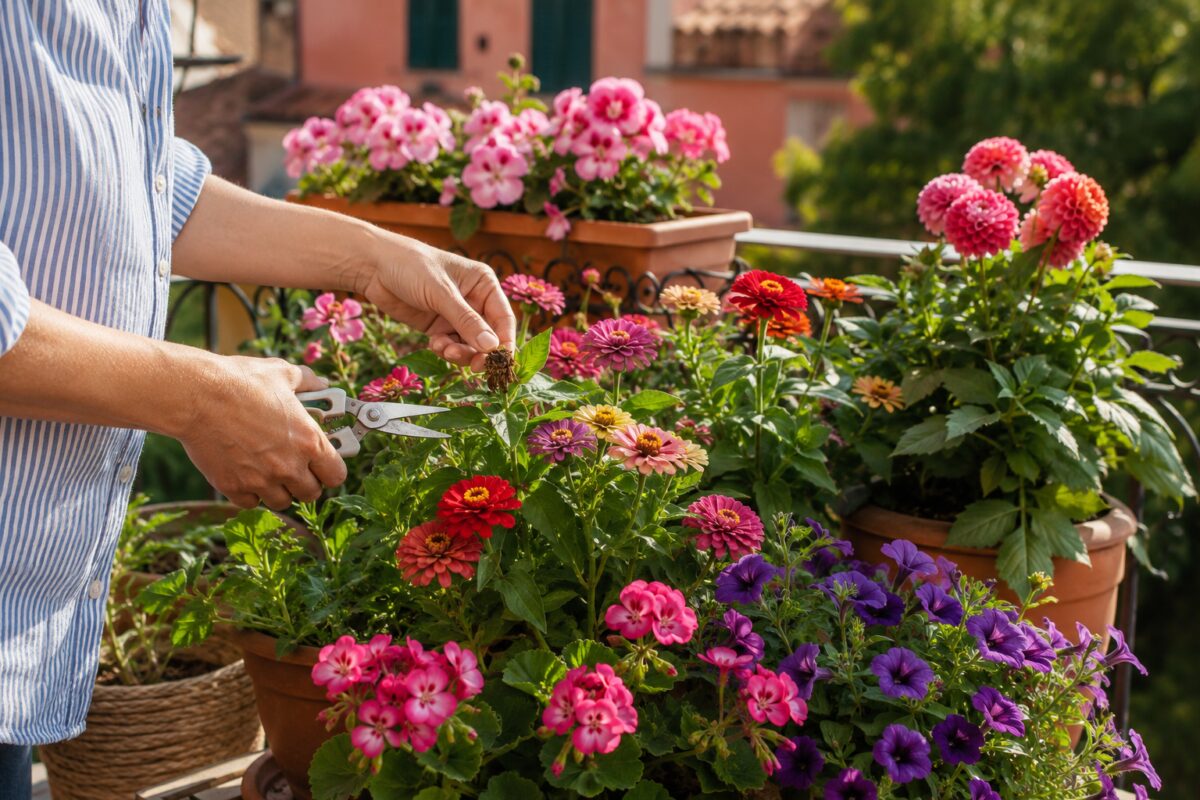 Fiori estivi in vaso ripuliti dai capolini secchi su un balcone luminoso