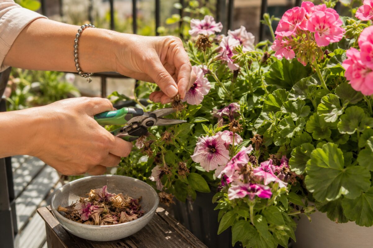 Mano che rimuove fiori appassiti da petunie e gerani con forbici pulite