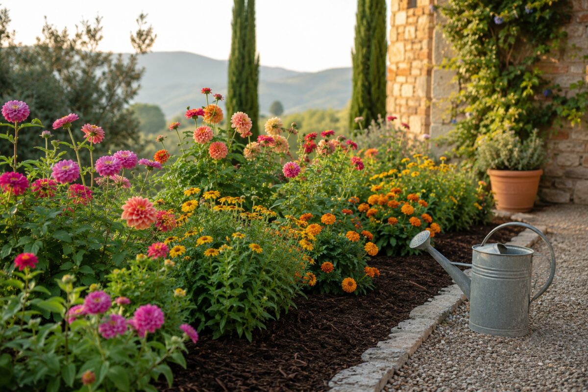 Aiuola estiva con zinnie dalie e tagete dopo la pulizia dei fiori secchi