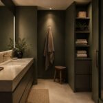 Bagno serale con luce calda, pareti verdi e piano in pietra