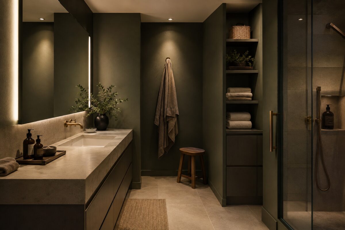Bagno preparato per la sera con luce bassa e superfici libere