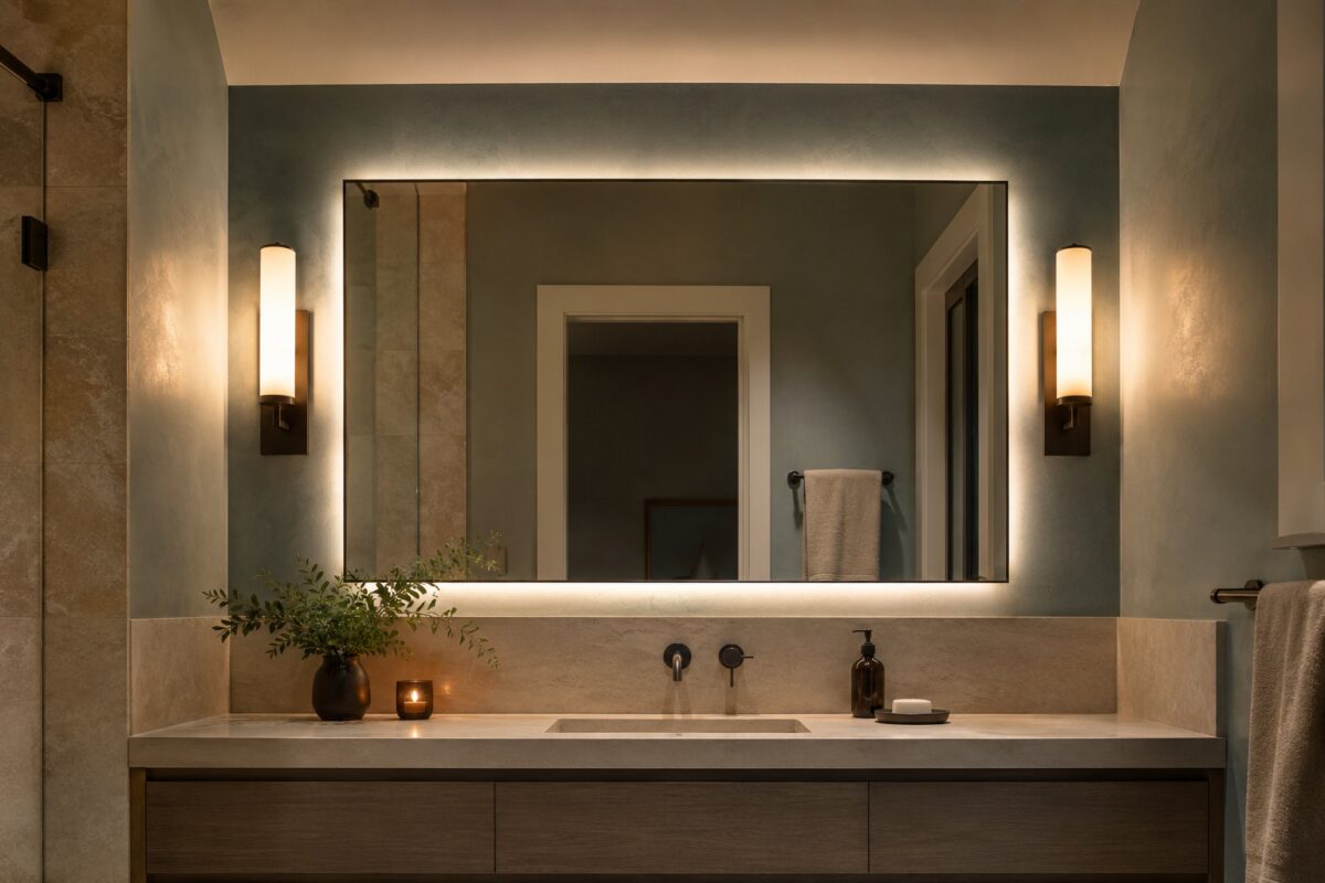 Specchio del bagno illuminato da applique calde e luce indiretta