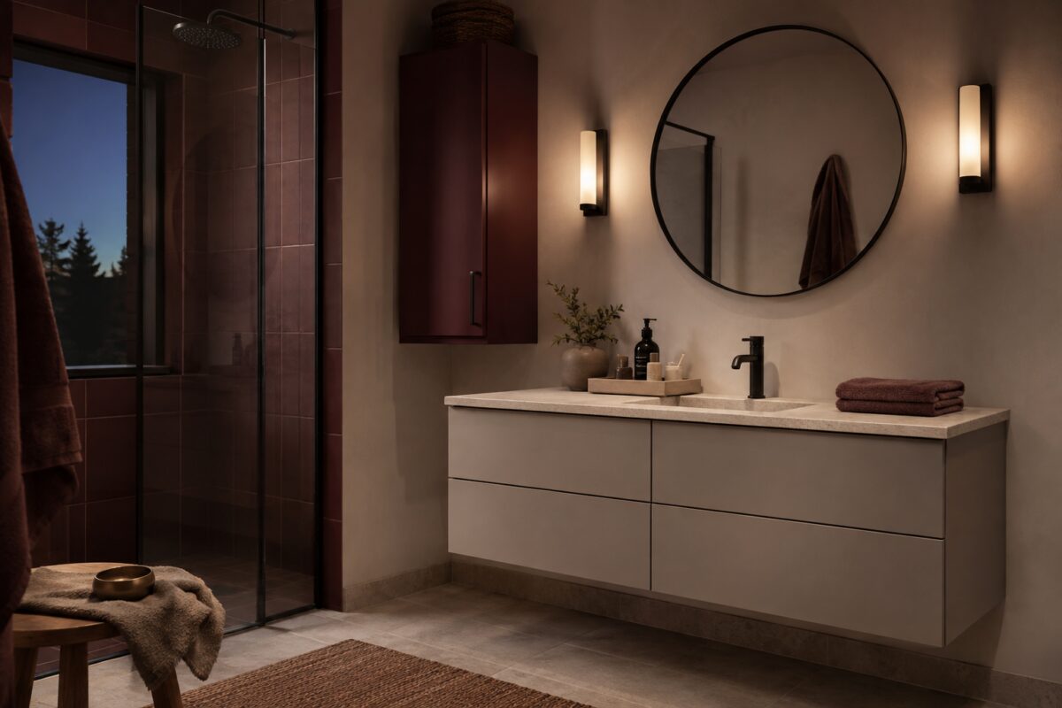 Mobile bagno chiuso con vassoio ordinato e asciugamani piegati