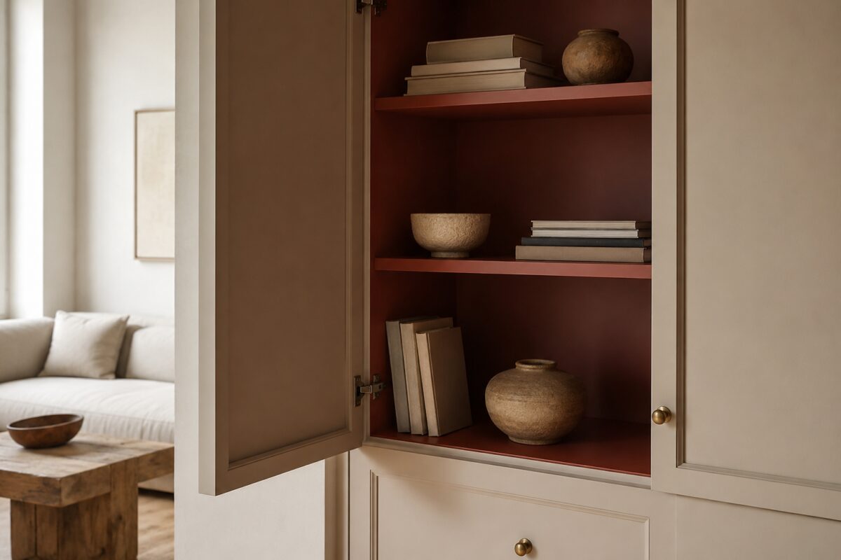 Interno di una credenza color terracotta in un soggiorno crema