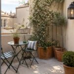 Terrazzo piccolo arredato come un cortile francese con tavolo verde e terracotta