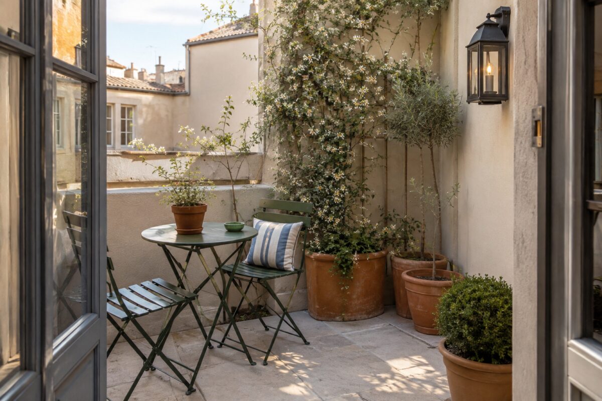 Terrazzo piccolo arredato come un cortile francese con tavolo verde e terracotta