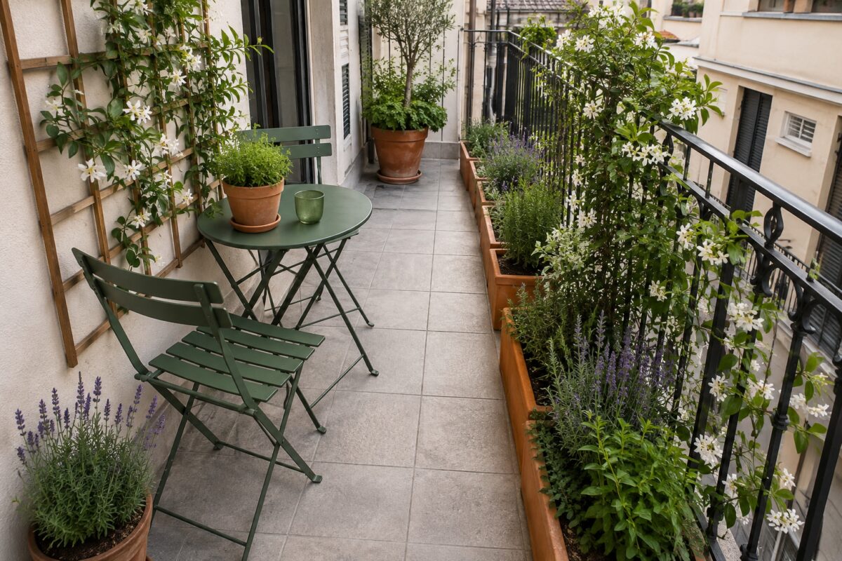 Layout di un terrazzo con passaggio libero e verde verticale