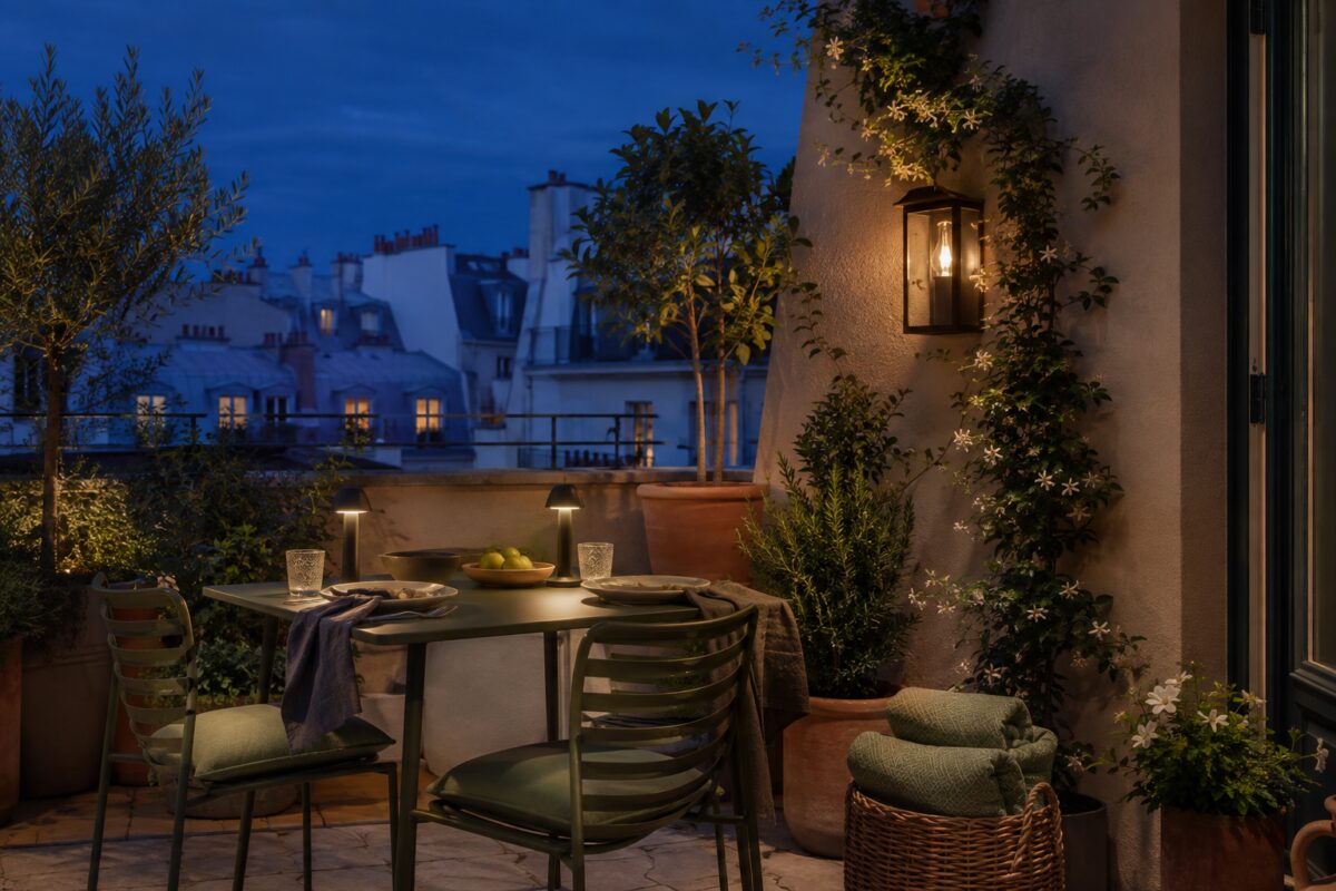 Illuminazione serale calda su un piccolo terrazzo di ispirazione francese