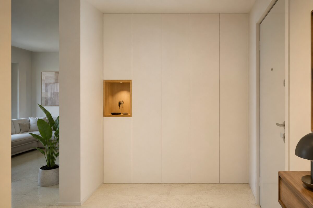 Ingresso con guardaroba a filo muro bianco e nicchia in legno