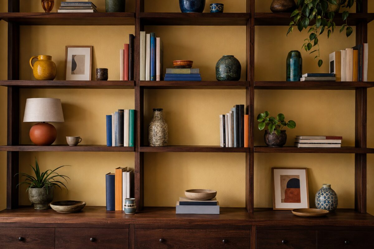 Libreria eclettica con libri, ceramiche colorate e spazi vuoti ben distribuiti