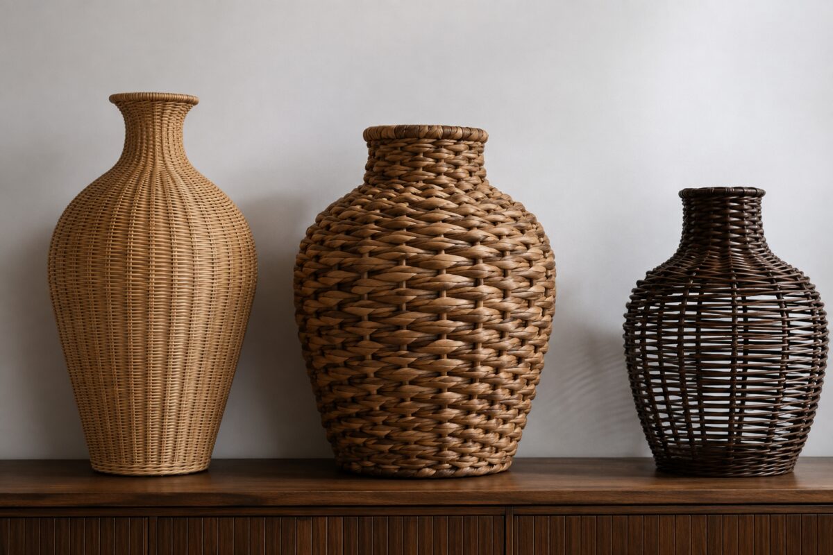 Confronto tra vasi in rattan vimini e canna con trame diverse