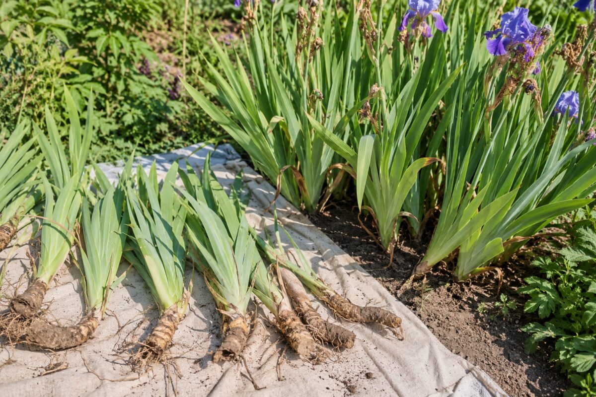 Iris sfioriti con rizomi appena sollevati accanto all’aiuola
