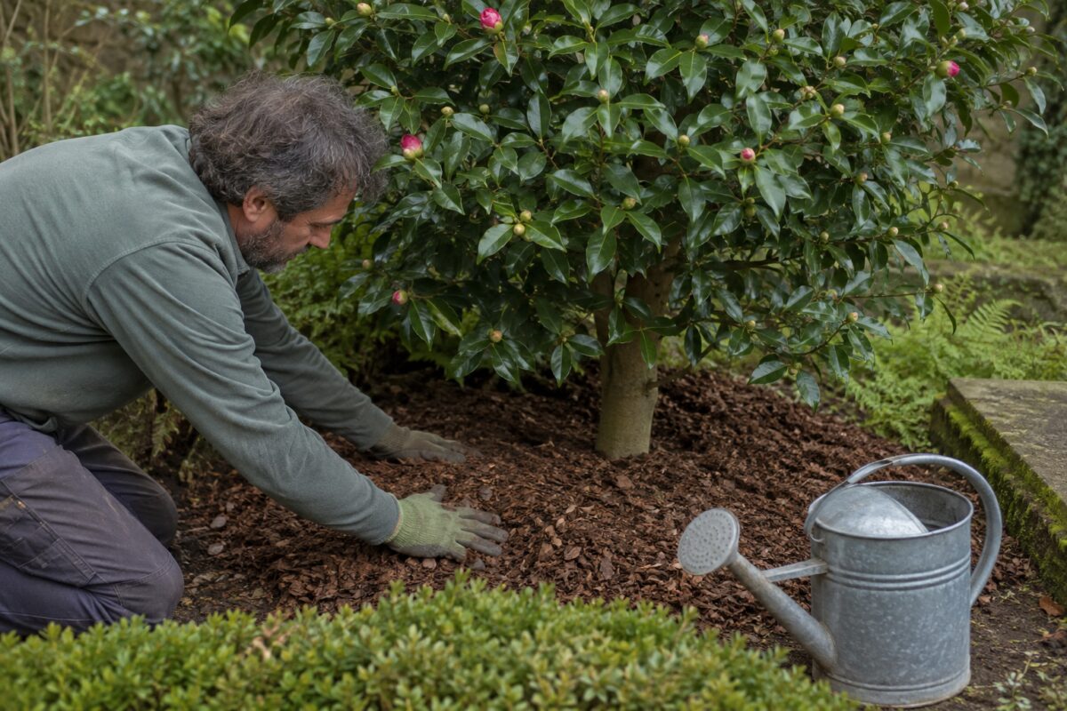 Pacciamatura di corteccia stesa attorno alle radici della camelia