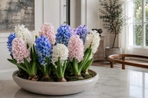 Ciotola di giacinti bianchi, rosa e blu in fiore in un interno luminoso