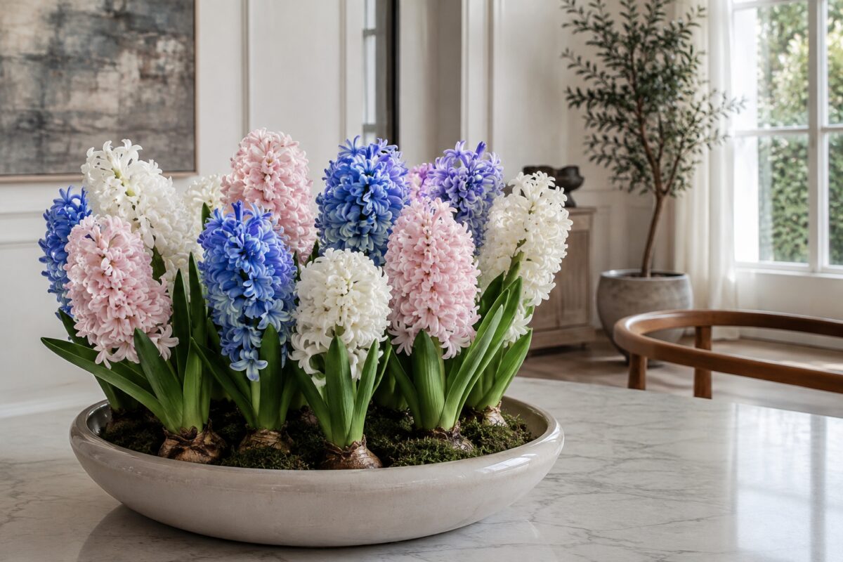 Ciotola di giacinti bianchi, rosa e blu in fiore in un interno luminoso