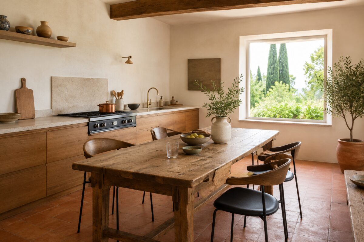 Cucina toscana contemporanea con cotto, calce, rovere e pietra chiara