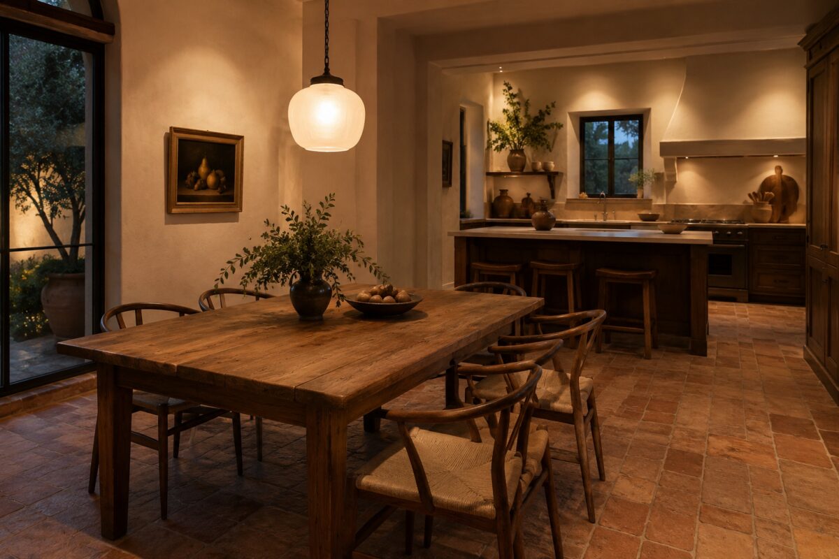 Zona pranzo toscana aggiornata con tavolo in legno e luce minimale