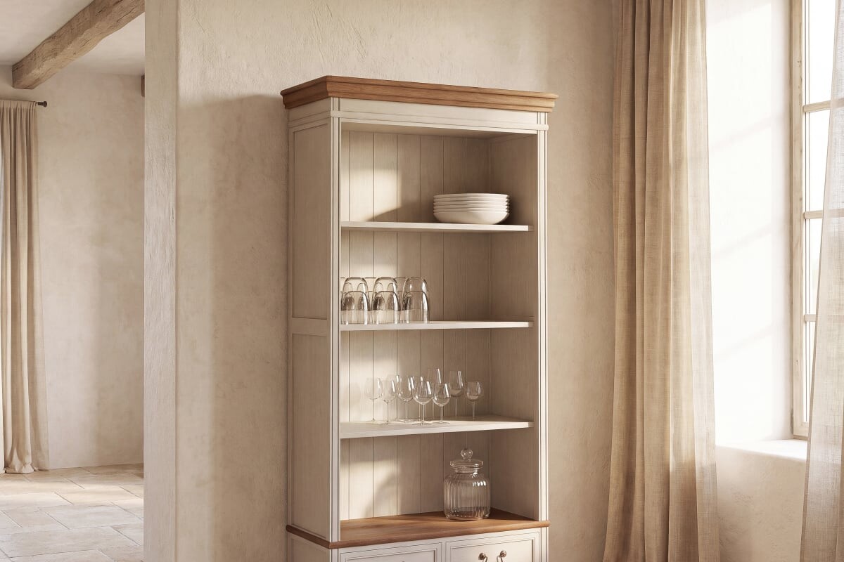 Dettaglio della finitura crema e del legno della libreria Léontine
