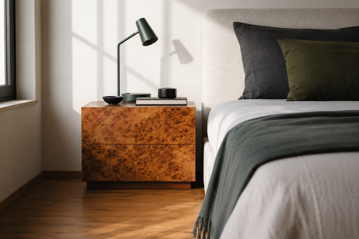 Comodino in radica accanto a un letto contemporaneo con tessili verdi e grigi