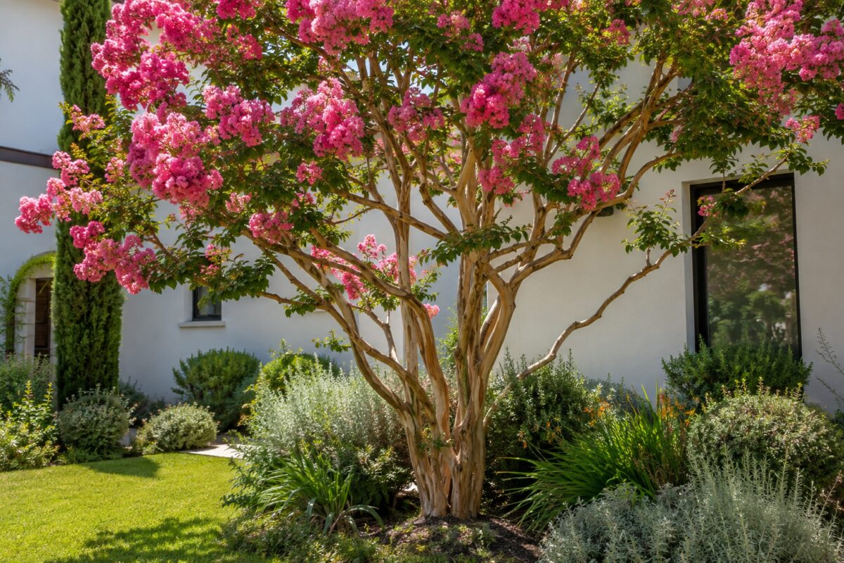 Lagerstroemia adulta con pannocchie rosa in un giardino estivo