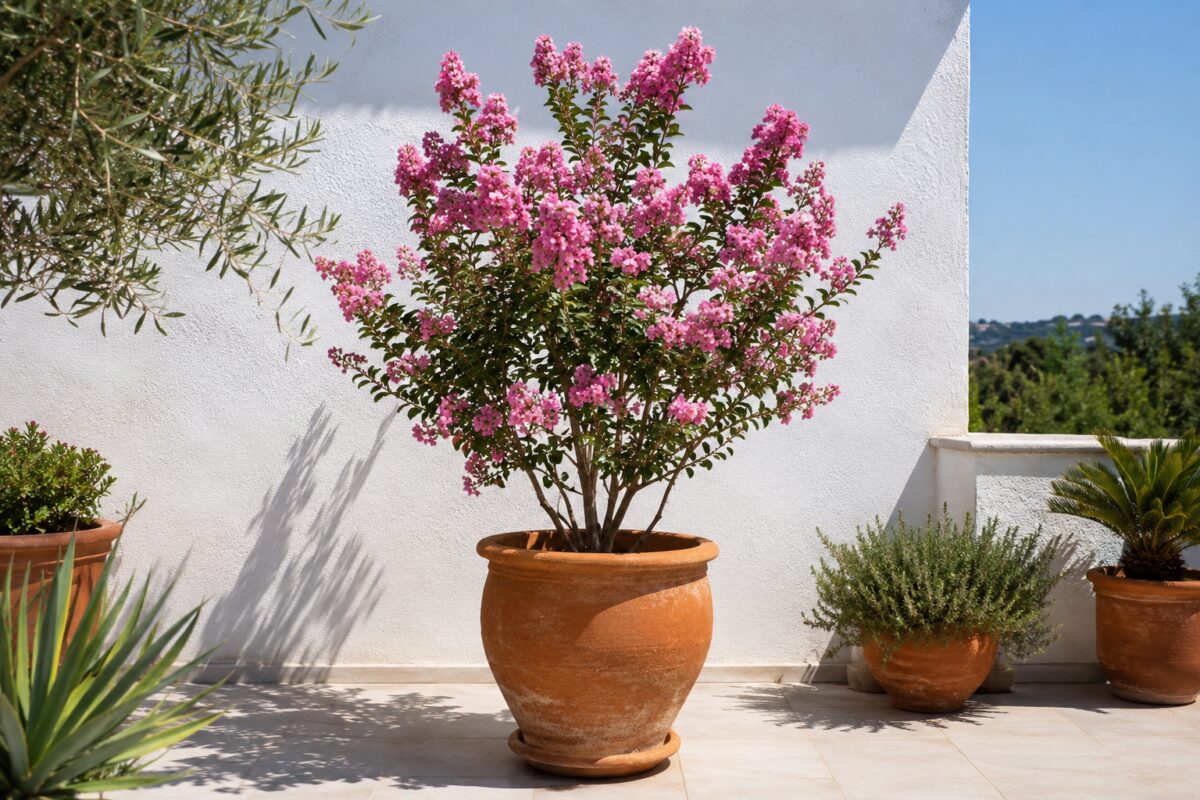 Lagerstroemia compatta fiorita in un grande vaso su terrazzo soleggiato