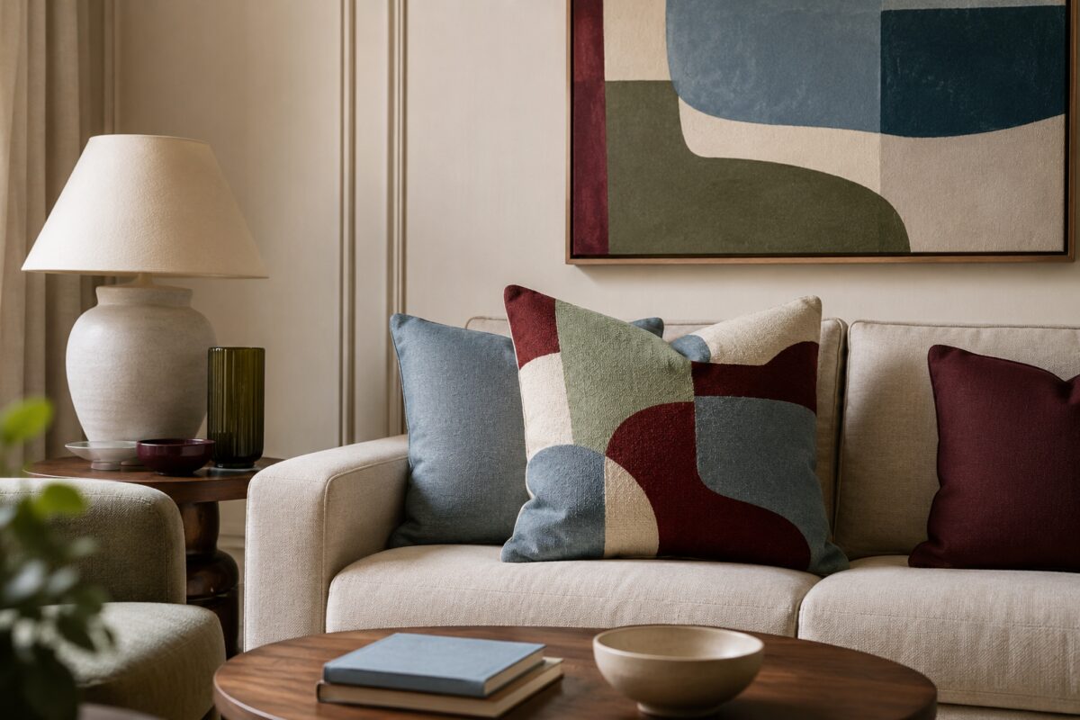 Cuscino e quadro geometrici coordinati in un soggiorno neutro