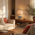 Soggiorno neutro con lampada da tavolo azzurro polvere e luce calda